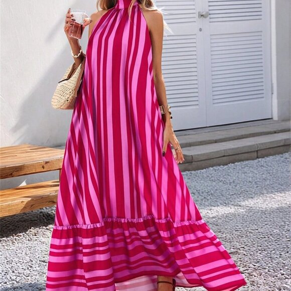 Pink Striped Casual Women's tie halter neck ruffled hem maxi Dress - Picture 3 of 6